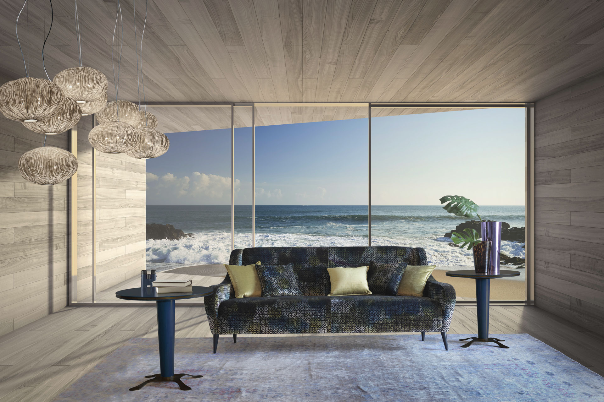 Rendering salotto di lusso, divano in tessuto jacquard, tavolini blu. Progetto di interior design a cura di Bertelè Mobili (azienda di interior design di Verona)