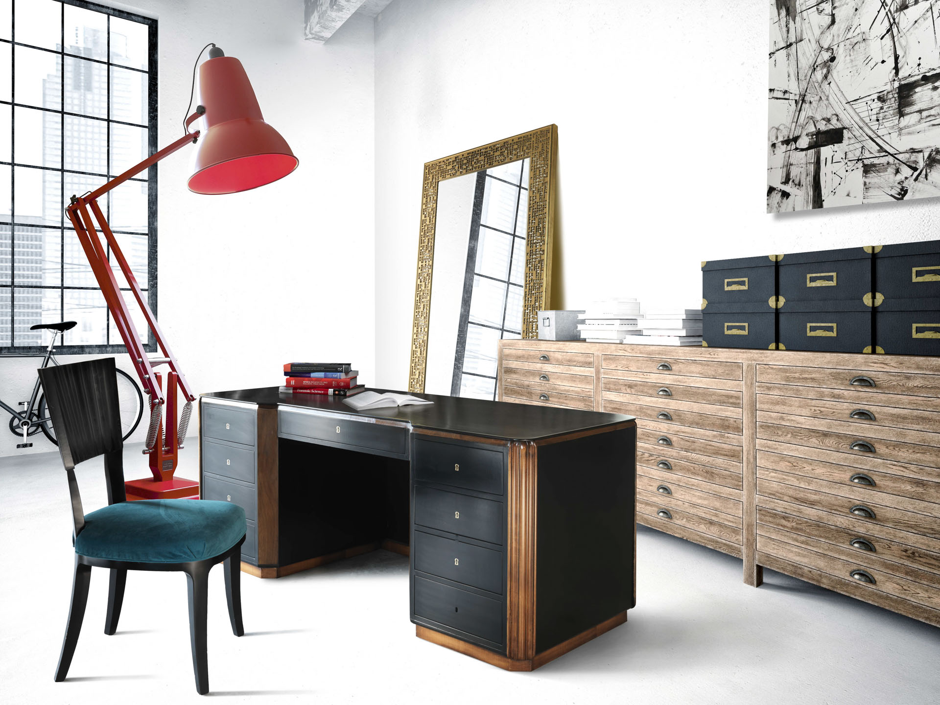 Rendering di ufficio moderno in stile industriale. Scrivania in legno nera, lampada rossa gigante, cassetti in legno naturale. Progetto di interior design di lusso firmato Bertelè Mobili (azienda di arredamento di Verona)