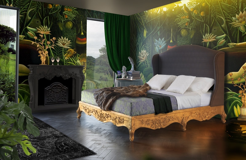 Camera da letto con camino, stile moderno con decorazioni giungla. Progetto di interior design di Bertelè Mobili (Verona)