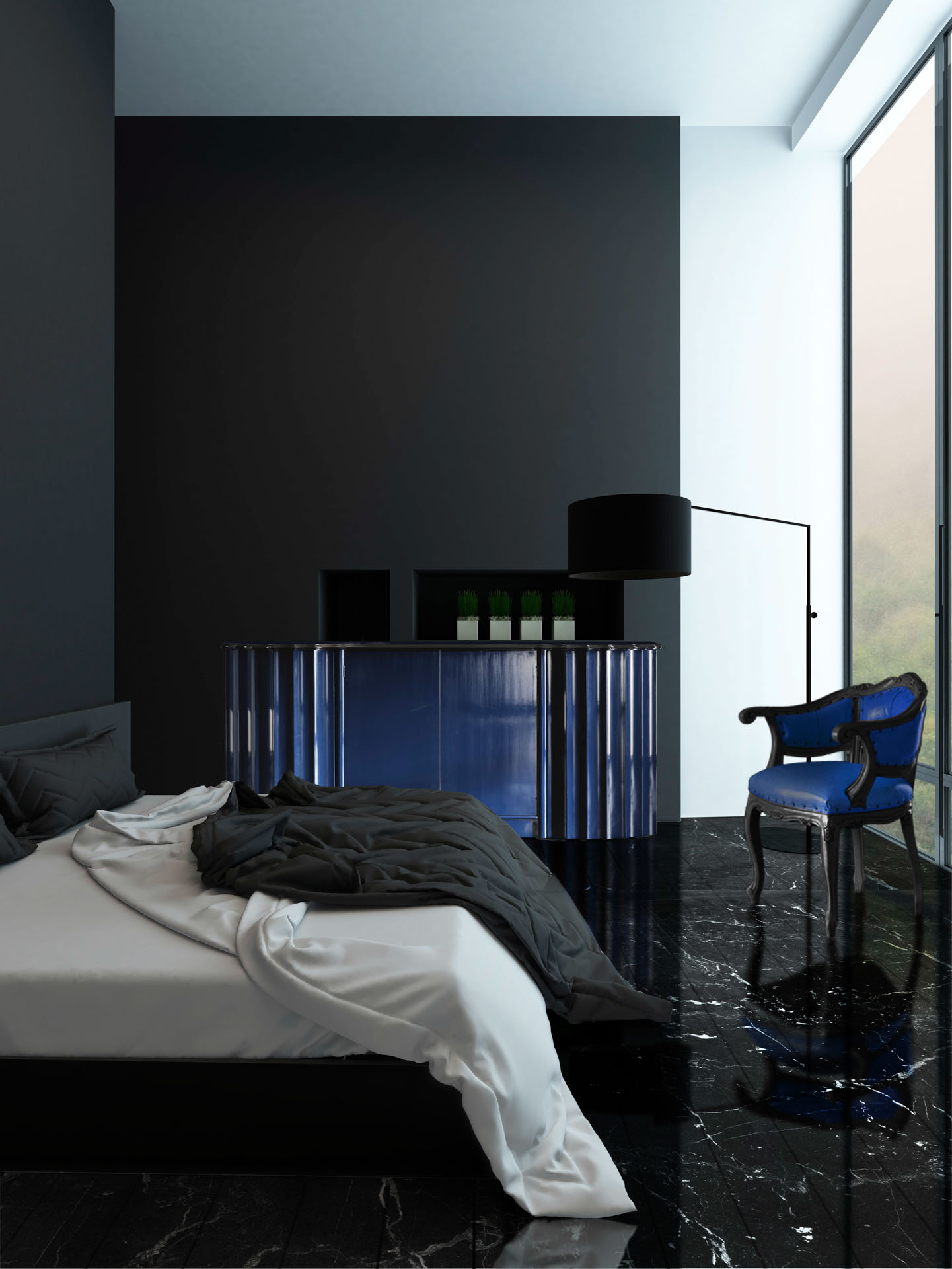Camera da letto moderna minimalista blu e nero, con poltrona e madia blu. Progetto di arredo di lusso da Portfolio di Bertelè Mobili (azienda di arredo e design interni Verona)