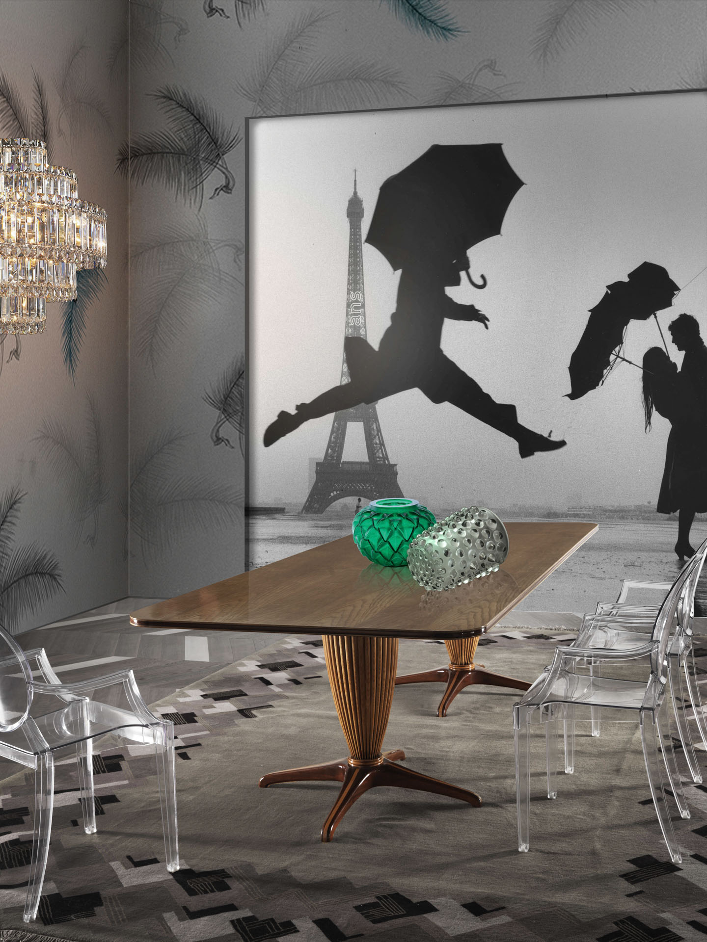 Ufficio moderno con tavolo in legno, sedie trasparenti. Design di Bertelè Mobili