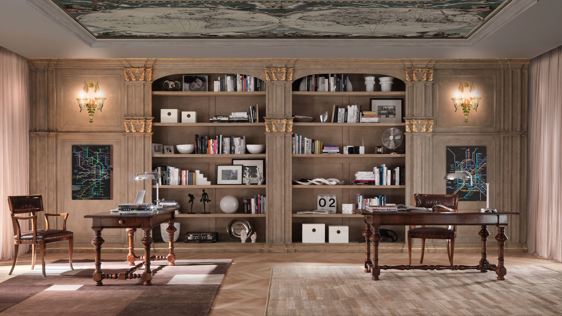 Ufficio classico con due scrivanie in legno e libreria in legno. Progetto di design di Bertelè Mobili